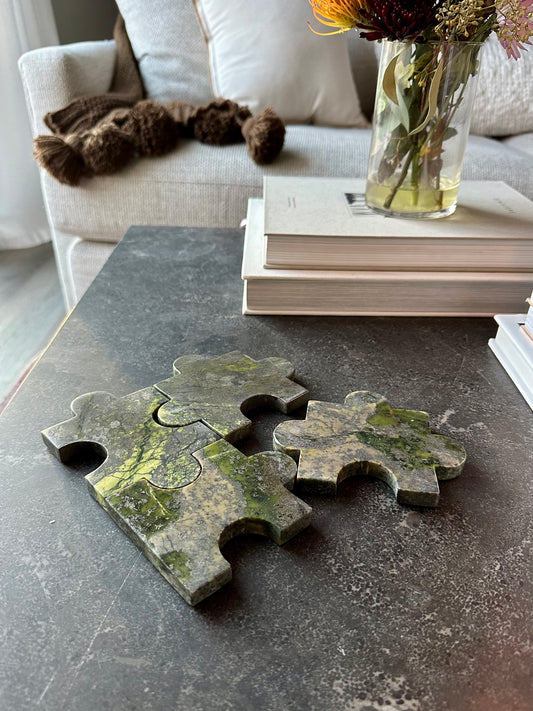 Set of Puzzle Piece Coasters in Green Serpentine